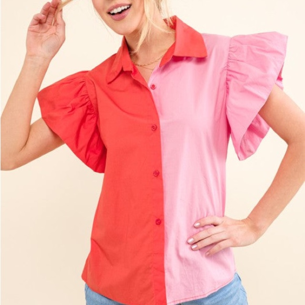 Society Red and Pink Color Block Blouse